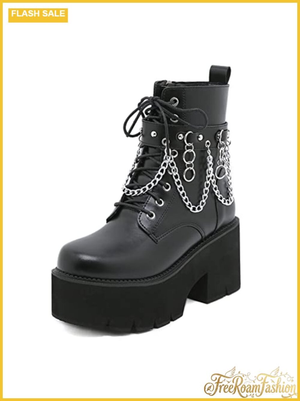 Womens Platform Combat Boots with Chain Detachable Chunky Block Heel PU